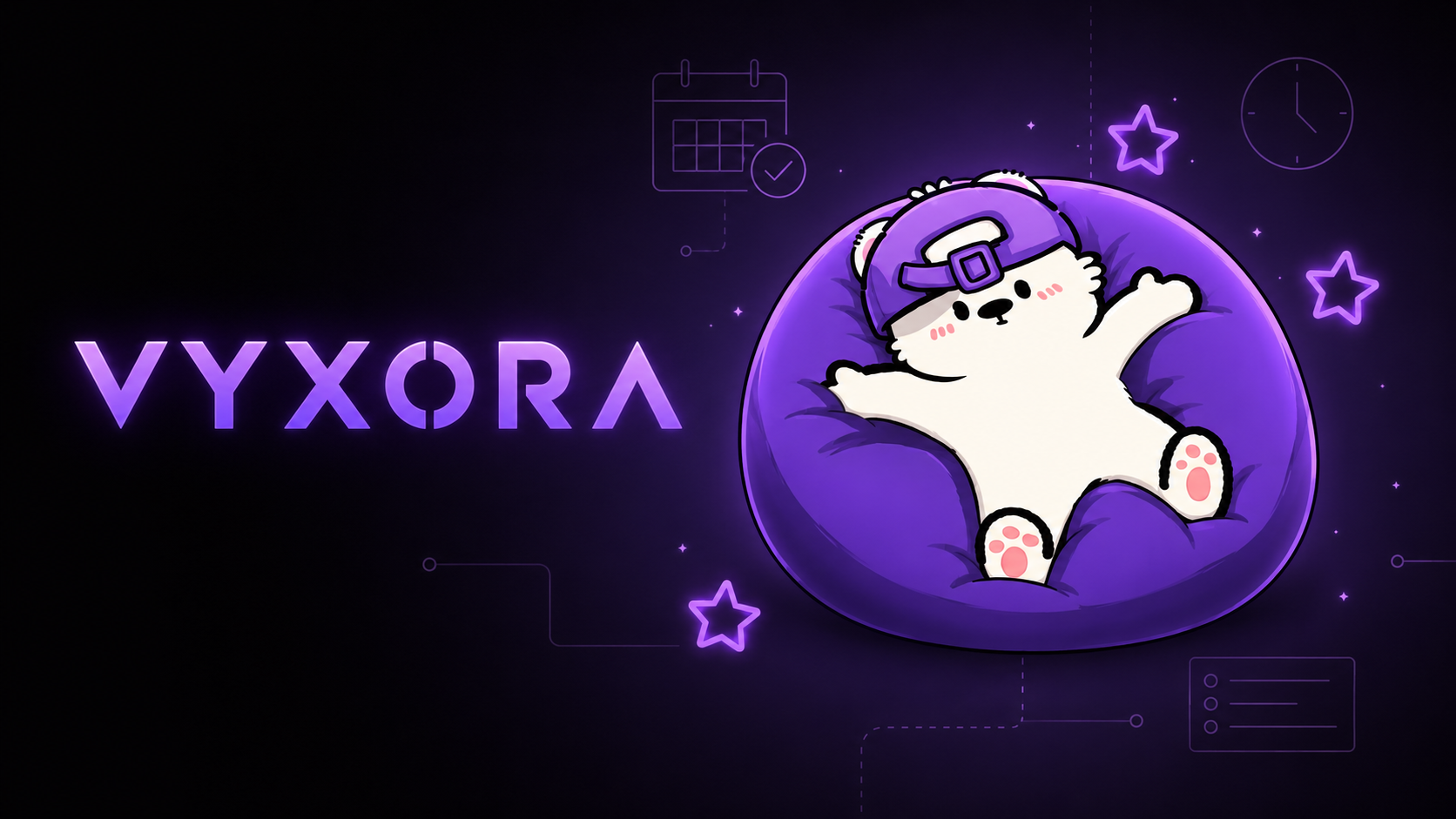 Mascote VyXora relaxando enquanto a agenda fica organizada